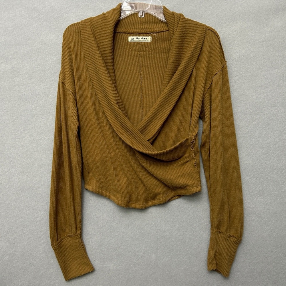 We The Free Free People Wrap Top Womens XS Brown Ribbed Surplice Long Sleeve